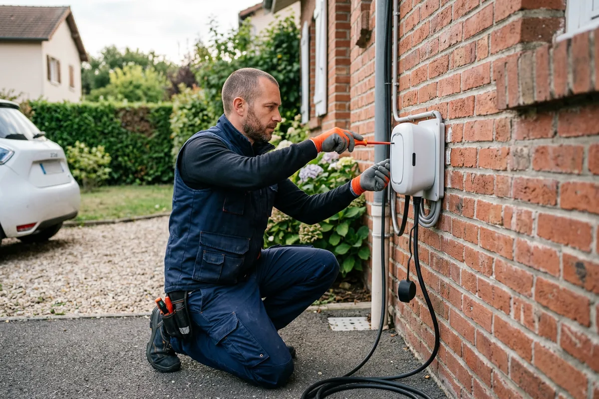 Installation borne de recharge sur façade de maison individuelle à Épervans