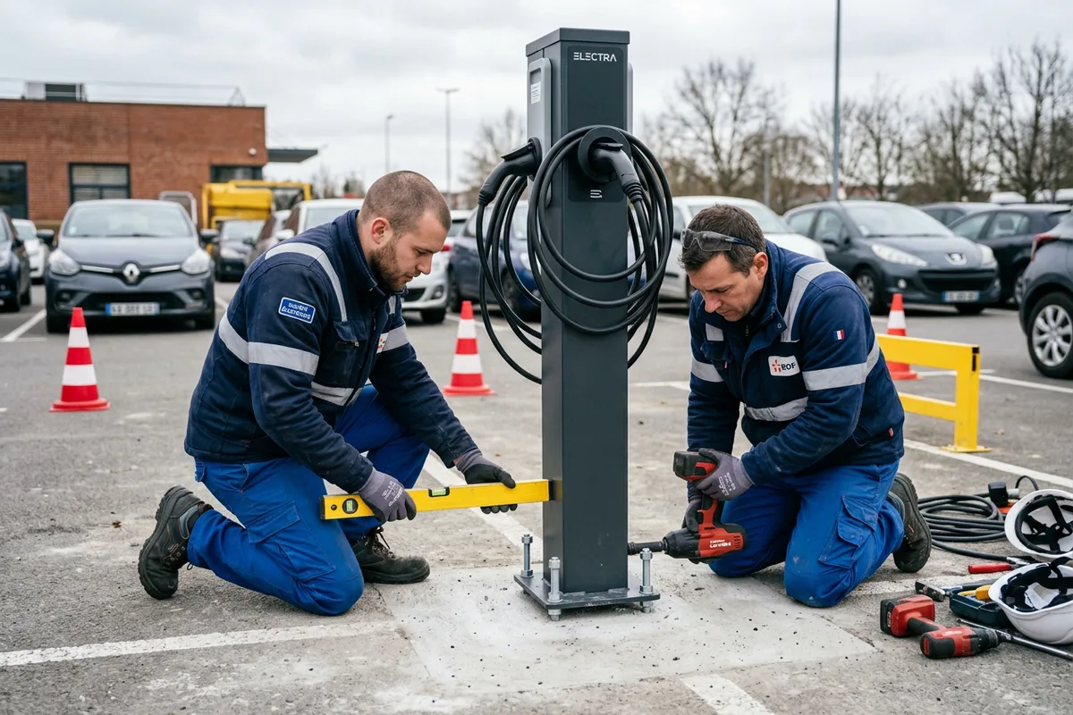 Équipe de techniciens assurant la pose de borne de recharge à Plerneuf Équipe de techniciens assurant la pose de borne de recharge à Plerneuf